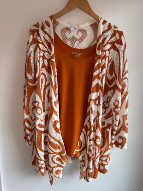 Chico's Orange and White Knit Open-Front Cardigan Set with Orange Tank XXL